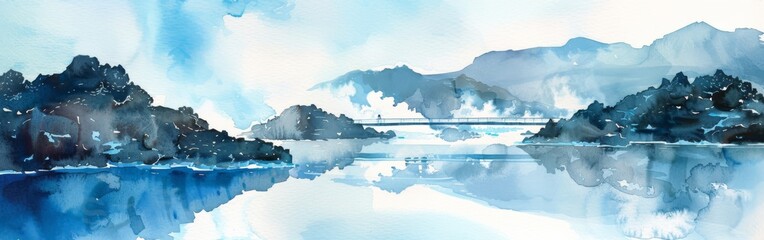 A realistic watercolor painting depicting a lake with towering mountains in the background. The calm water reflects the blue sky and fluffy clouds above, capturing a serene natural scene.