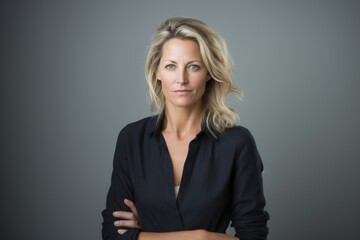 Portrait of a serious businesswoman with arms crossed against grey background