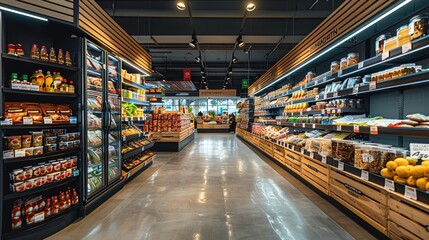 Supermarket heaven. Discover the diverse assortment of products in the long and bright aisle.