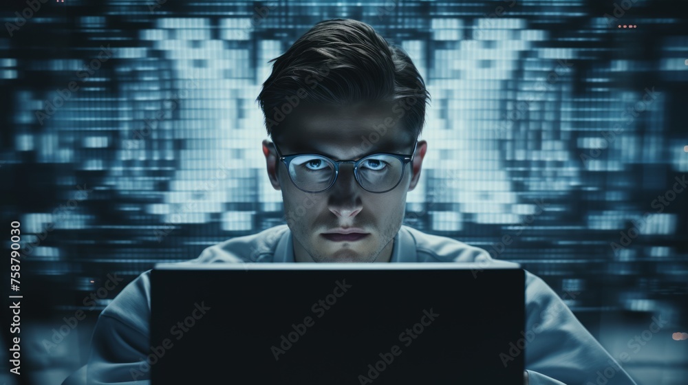 Poster Generative AI Journalist analyzing data on a computer screen, in-depth research, surrounded by reports and documents