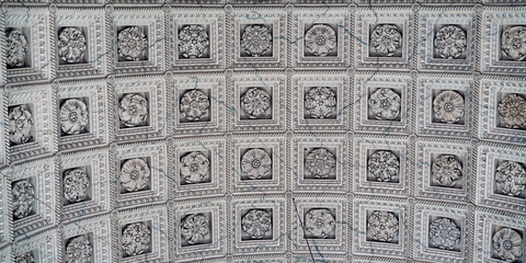 Pattern of arched ceiling of Paris's Arc de Triomphe is drawn in gray ink with symmetrical squares...