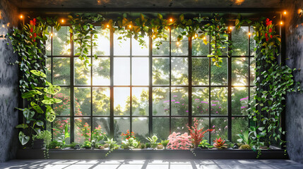 Fototapeta na wymiar Serene Summer View from a Window, Green Nature and Gardening Beauty Surrounding a Decorative House, Sunlit Vintage Exterior