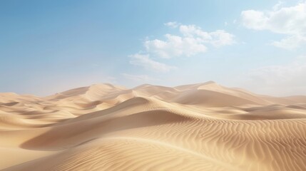 A desert landscape featuring sand dunes under a clear blue sky, showcasing the vast expanse of sandy terrain with undulating patterns.