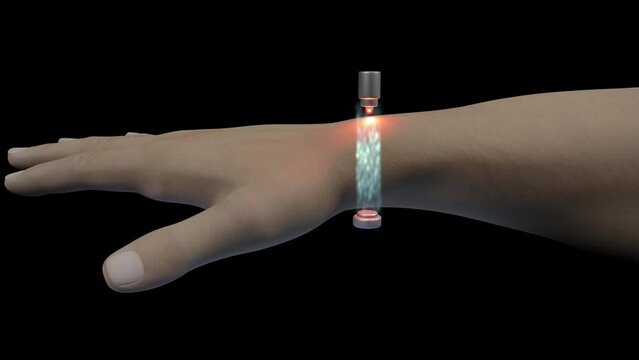Photoplethysmography optoelectronic sensor. PPG detecting blood flow under skin. Non-invasive biomedical monitoring technology. Biosensor. 3d render animation.