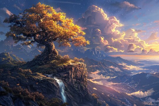 Enchanted Twilight: A Fantasy Landscape with a Majestic Tree and Waterfall