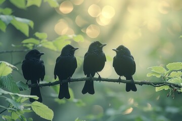 Four Blackbirds Perched on a Branch at Dusk. Green sunlit background in a Forrest. Signifying avian...