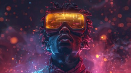 Afro man wearing virtual reality goggles against a colorful background.