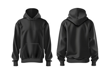 Set of Black front and back view tee hoodie hoody sweatshirt on white background сreated with Generative Ai