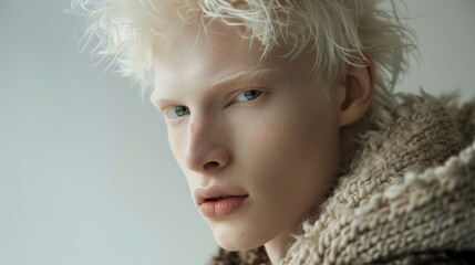 International Albinism Awareness Day, genetic feature, portrait of an albino guy of model appearance, pure snow-white skin, short hair, looking into the camera