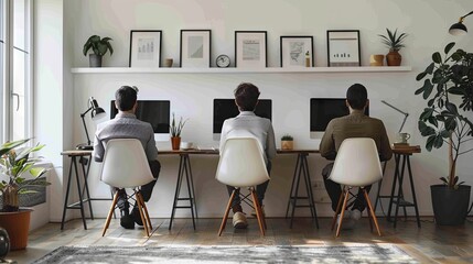 Rear view of three businesspeople sitting at table in office, back view