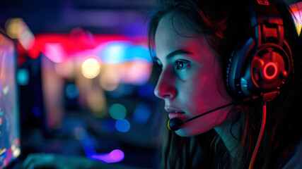 Portrait of a young female gamer playing in a cyber club.