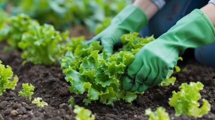 Agriculture garden gardening vegetables harvest background - Close up of hands of woman harvests a lettuce salad in the field or garden bed soil - obrazy, fototapety, plakaty