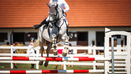 White horse jumps over hurdle. Equestrian show jumping with unrecognizable jockey. Sport event