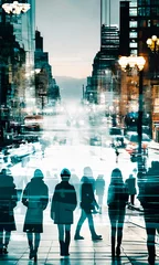 Foto op Plexiglas City hustle captured in multiple exposures  teal and amber hues paint a busy street scene. Perfect for themes of daily urban life and the flow of time. © Halyna