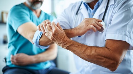 an image of male medical staff holding the forearm and elbow of a male patient inside a clinic - obrazy, fototapety, plakaty
