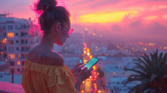 Young beautiful hipster woman using mobile phone in balcony of Ibiza city at sunset.