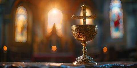 Golden chalice on the altar during the mass in church, Eucharist feast of corpus in the monstrance present in the sacrament of the eucharist, 
 - obrazy, fototapety, plakaty