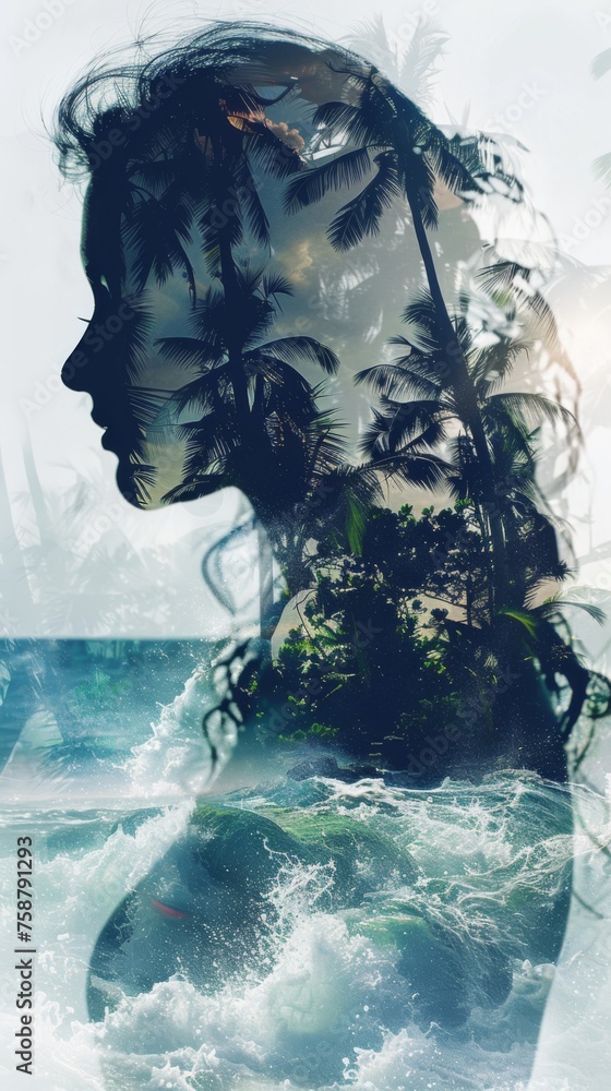 Poster A double exposure featuring a womans face blending into the rippling water, creating a surreal and artistic effect. The womans features are distorted yet recognizable as she appears to be submerged be