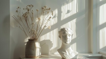 Artistic minimalist kitchen with classical bust and dried flowers in sunlight