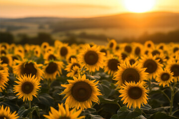 Sunflower field at sunset in summer. Sunflower natural background.