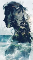 A double exposure featuring a womans face blending into the rippling water, creating a surreal and artistic effect. The womans features are distorted yet recognizable as she appears to be submerged be