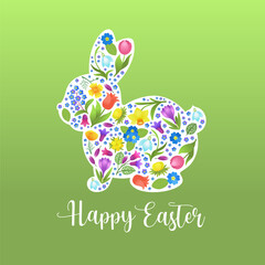 Cute Easter bunny spring design. Chubby rabbit sitting silhouette bright vector illustration. Happy Easter text. Template for greeting card banner, poster, print. Rabbit shape with floral pattern.