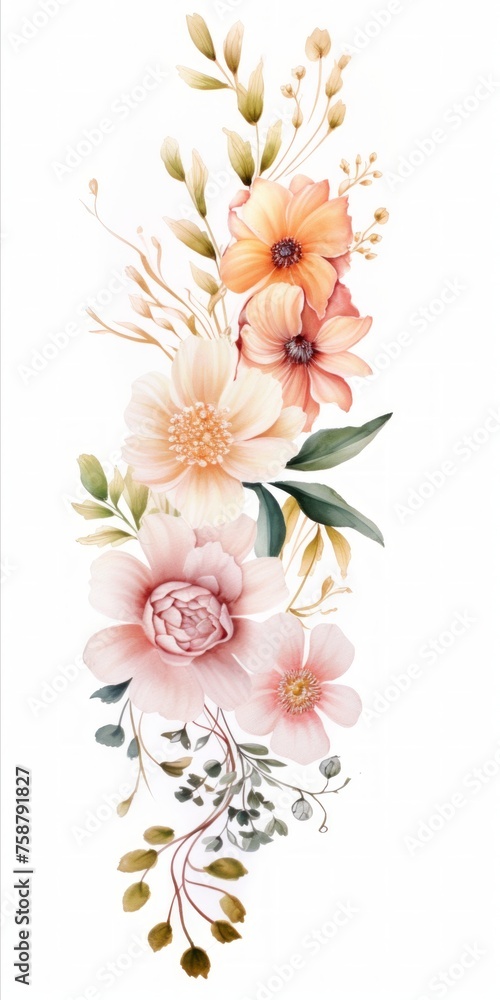 Poster Generative AI An elegant display of seasonal blooms artistically composed on a white background, providing a blank canvas for customizable texts or branding elements