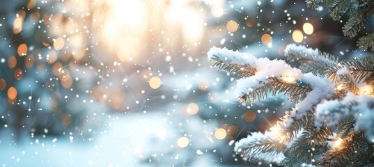 Festive christmas background with spruce branch and snowflakes frame, copy space available - obrazy, fototapety, plakaty