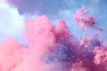 Explosion of blue and pink dust or paint, blue and pink pastel paints on a blue background, space for text