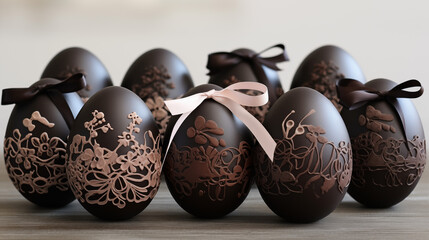 Obraz premium Jolis petits oeufs en chocolat de Pâques, avec motifs décoratifs et ruban de soie. Oeuf et chocolat de Pâques. Nourriture, sucré, bonbon. Pour conception et création graphique.