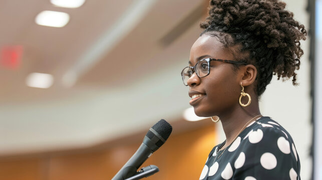 portrait of a young African-American girl, a student makes a speech in the audience behind the podium, a student report, a speech to the public