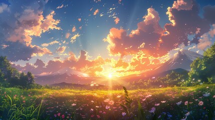 breathtakingly beautiful sunrise landscape, celestial, amazing light in the background. Japanese animation style digital drawing illustration, anime aesthetic. generative AI