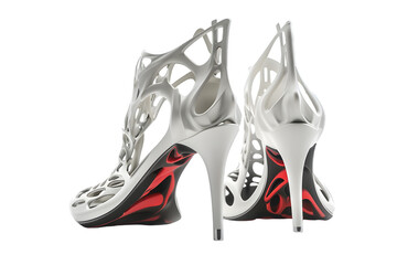 Front and back view of 3D printed avant-garde heels template. Innovative design using 3D printing technology for a unique and futuristic shoe silhouette,, isolated on a white or transparent background