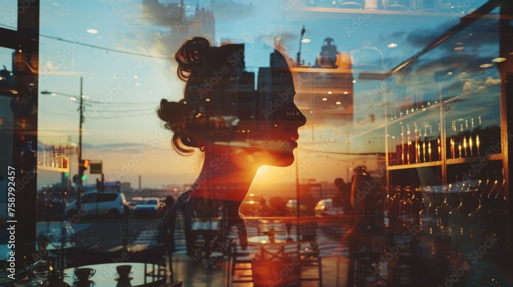 Poster a woman is seen standing in front of a window, looking out at the view. the window frames her figure