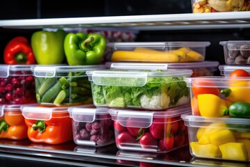 Transparent containers filled with vibrant fresh produce in a refrigerator. Plastic Containers with Fruits and Vegetables