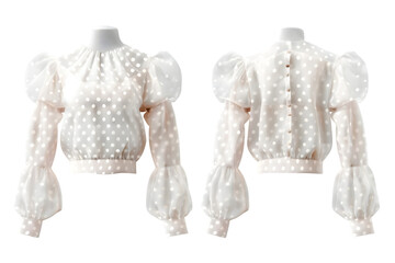 Front and back view of a sheer polka dot puff sleeve blouse template. Elegant and whimsical, combining transparency with playful details for a sophisticated yet fun look, mockups for design and print,