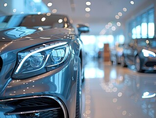 A selective focus captures a sleek grey car parked within a luxurious showroom, epitomizing the elegance of the car dealership office. The new car, showcased in this modern showroom, symbolizes