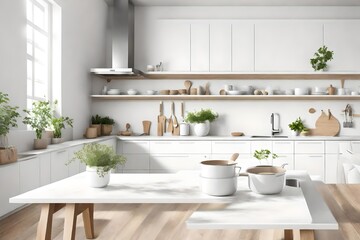 Fototapeta na wymiar modern kitchen interior, Step into the serenity of coastal living with an AI-generated image showcasing a white blank empty space kitchen countertop adorned with kitchen utensils and an indoor plant, 