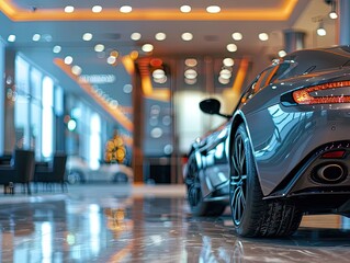 A selective focus captures a sleek grey car parked within a luxurious showroom, epitomizing the elegance of the car dealership office. The new car, showcased in this modern showroom, symbolizes