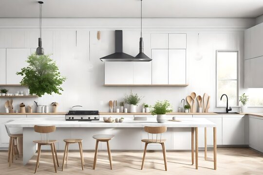 modern kitchen interior with kitchen, Step into the serenity of coastal living with an AI-generated image showcasing a white blank empty space kitchen countertop adorned with kitchen utensils and an i