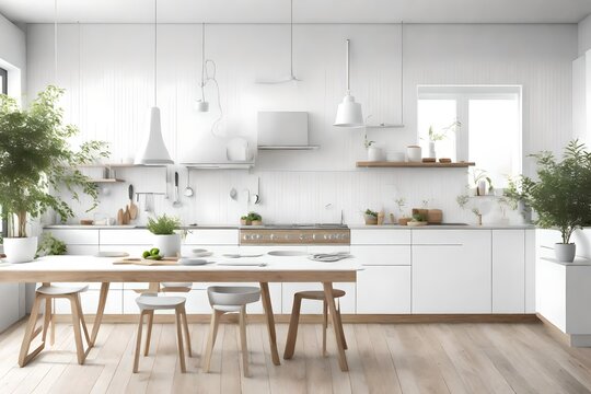 modern interior with kitchen, Step into the serenity of coastal living with an AI-generated image showcasing a white blank empty space kitchen countertop adorned with kitchen utensils and an indoor pl