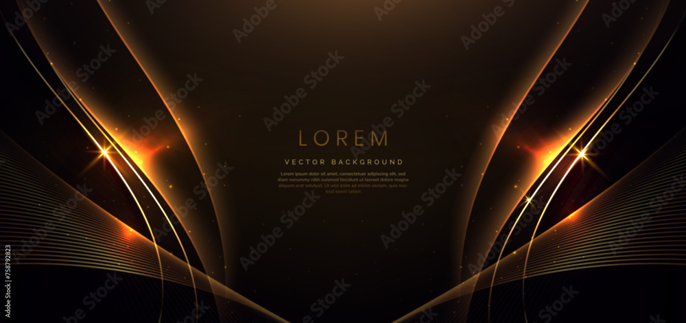 Poster luxury curve golden lines on dark brown background with lighting effect copy space for text. luxury 
