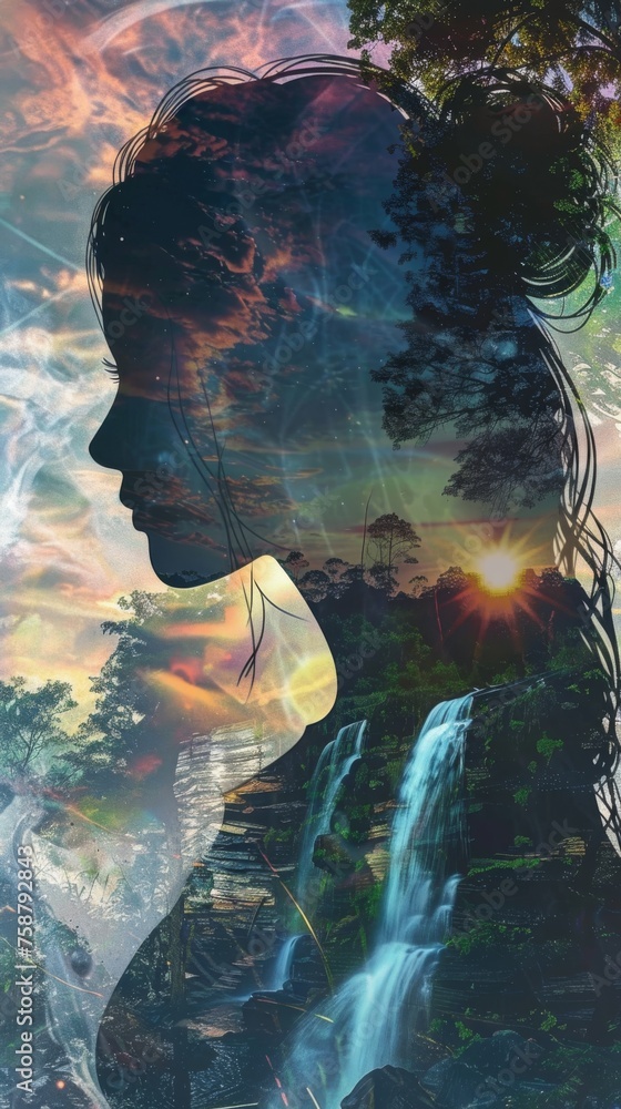 Poster A side view of a womans profile set against a backdrop of a cascading waterfall, creating a striking contrast between the human form and the natural landscape.