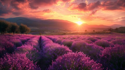 A field of lavender flowers with a beautiful sunset in the background. The sky is filled with clouds and the sun is setting, creating a warm and peaceful atmosphere