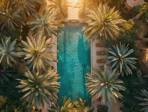 Aerial view of a Sunset Over a Desert Oasis: Imagine a picture of the sun setting over a desert, with palm trees and a shimmering pool of water