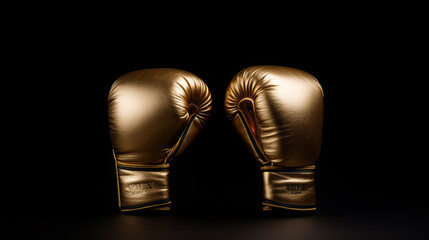 A pair of golden boxing gloves showcased against a velvet black background.
