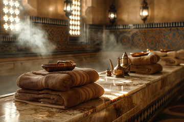 Traditional hamam with towels and brass bowls - obrazy, fototapety, plakaty