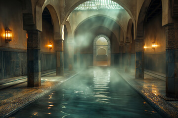 Fototapeta premium Mystical eastern bathhouse interior with tranquil waters