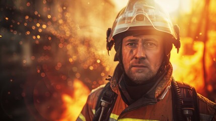 A man wearing a firemans helmet stands bravely in front of a raging fire, prepared to battle the flames with determination and courage. The intense heat and billowing smoke create a dangerous environm