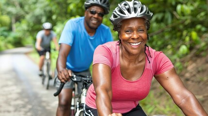 Joyful African-American couple cycling in nature. - obrazy, fototapety, plakaty